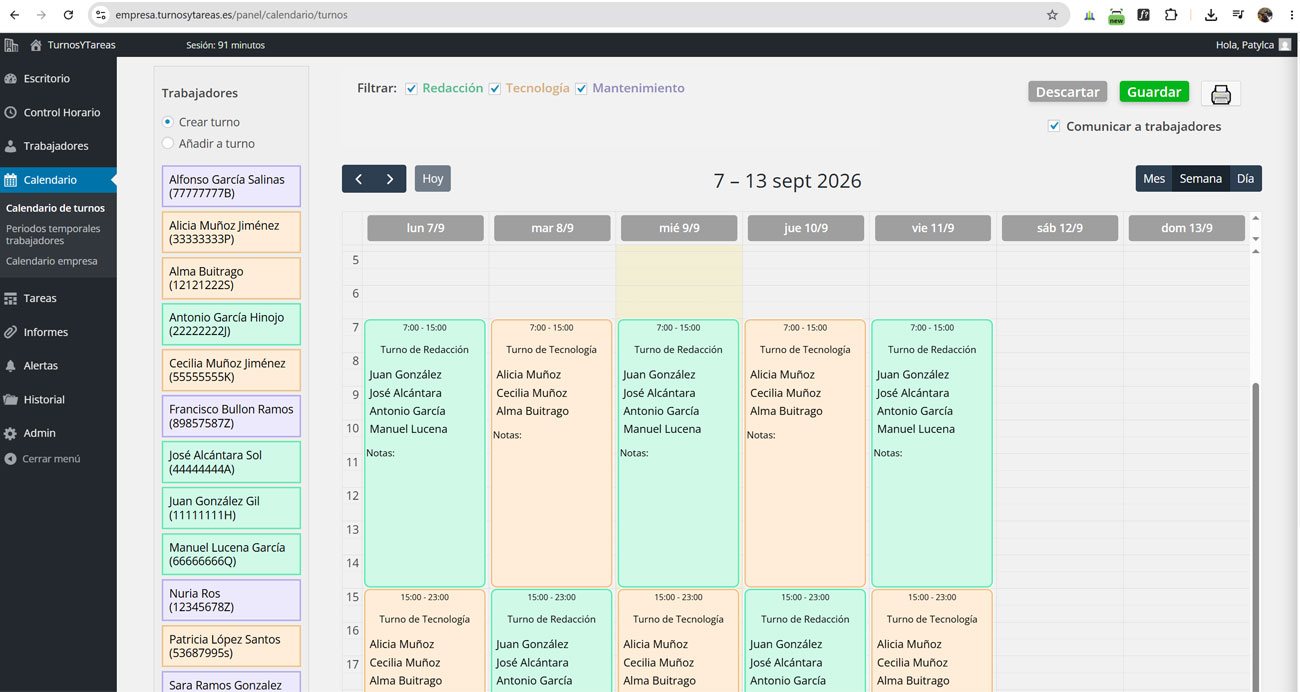 Panel de calendario de turnos